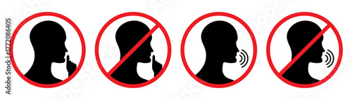 Set of Circular Icons Indicating Silence and Speaking Permissions, No Talking, Whispering with Red Borders and Profile Silhouettes