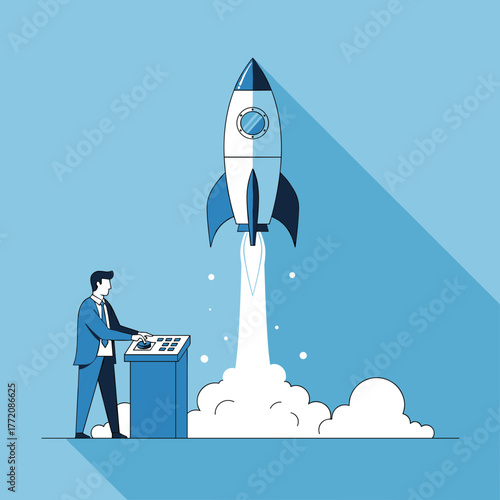 Businessman at a control panel launching a rocket, representing project initiation, innovation, and strategic execution.