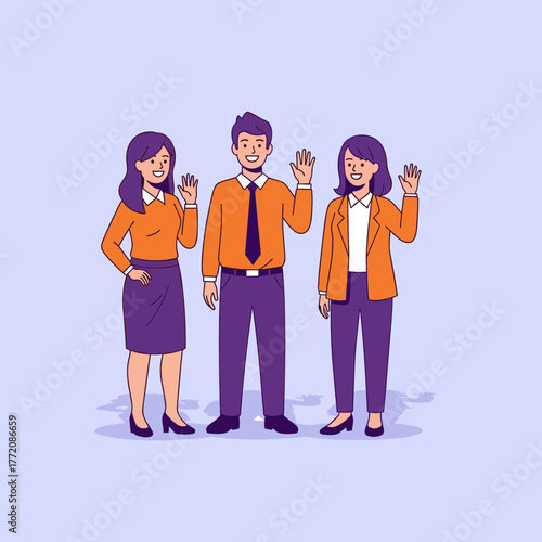 Three diverse business people waving, symbolizing professional greeting, teamwork, and inclusive business culture.