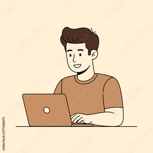 Young man happily working on a laptop, symbolizing remote work, productivity, and digital lifestyle.