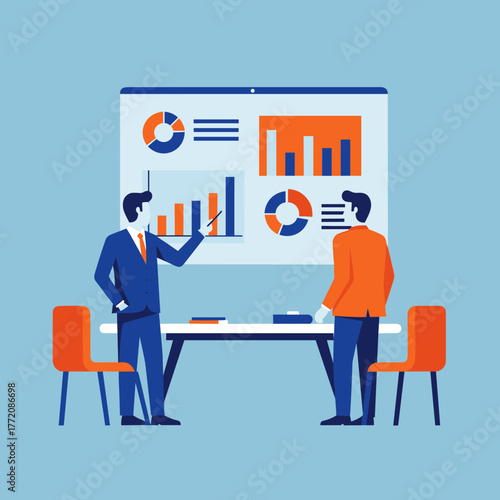 Professional Business Presentation with Executive Explaining Data Analytics and Charts