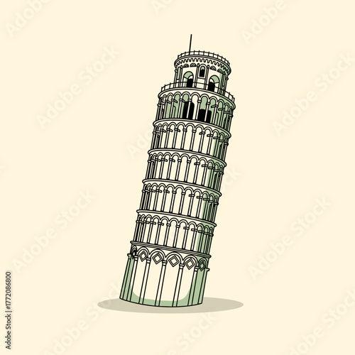 Detailed Outline Flat Design of the Famous Leaning Tower of Pisa, Italy