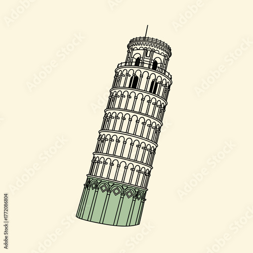 Iconic Leaning Tower of Pisa, Italy in an Outline Flat Design Style with Green Accent