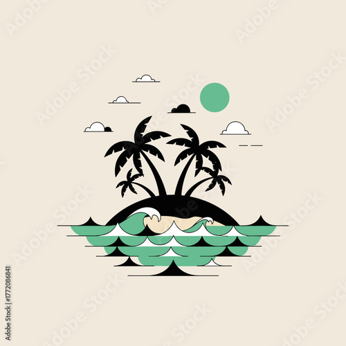 Serene Tropical Island with Palm Trees, Gentle Waves, and Clouds