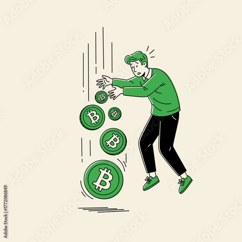 Cryptocurrency Market Crash with Man Falling and Green Bitcoin Coins