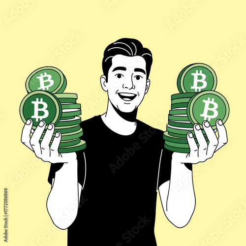 Happy Man Holding Stacks of Bitcoin Cryptocurrency Representing Wealth