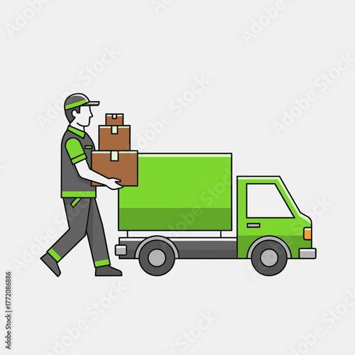 Courier delivering packages with a green delivery truck, logistics service flat vector illustration.