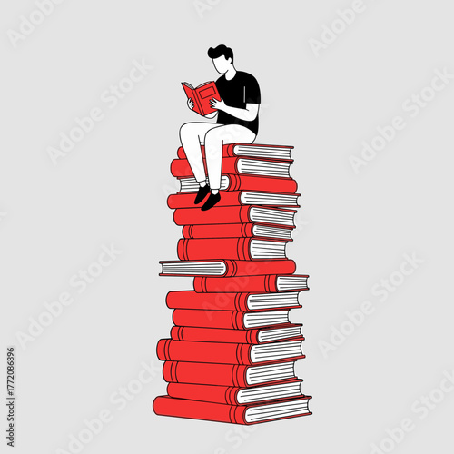 Person sitting atop a tall stack of red books, engrossed in reading, symbolizing education, knowledge, and learning.