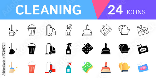 A collection of cleaning tool icons such as broom, bucket, vacuum cleaner, spray bottle and more.