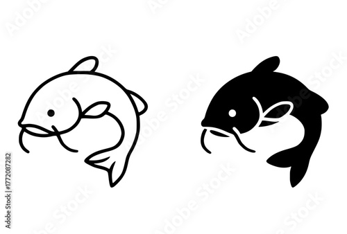 Minimalist icon, Catfish vector, black and white, outline and silhouette
