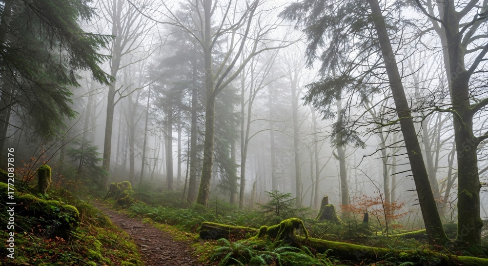 Obraz premium Misty forest trail in dense woodland with mossy trees, green foliage, and atmospheric morning fog