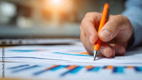 Person using bright writing implement to annotate documents showing colorful charts and graphs