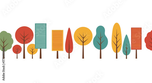 Seamless Autumn Trees Border Illustration - Mid-Century Modern Scandinavian Folk Art Style Horizontal Vector Pattern for Fall Design