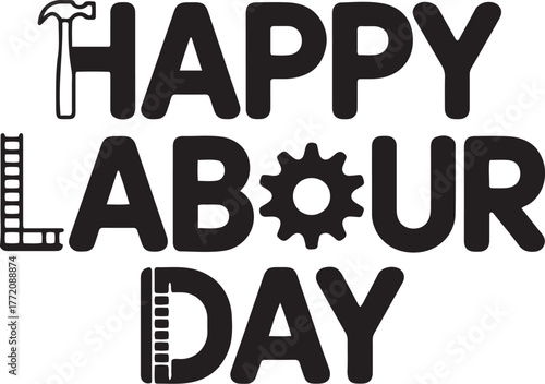 Happy labour day text with industrial icons hammer gear and ladder symbols isolated on transparent background