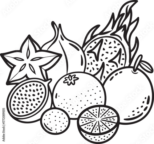 Assortment of exotic fruits outline drawing for coloring pages and healthy eating themes isolated on transparent background