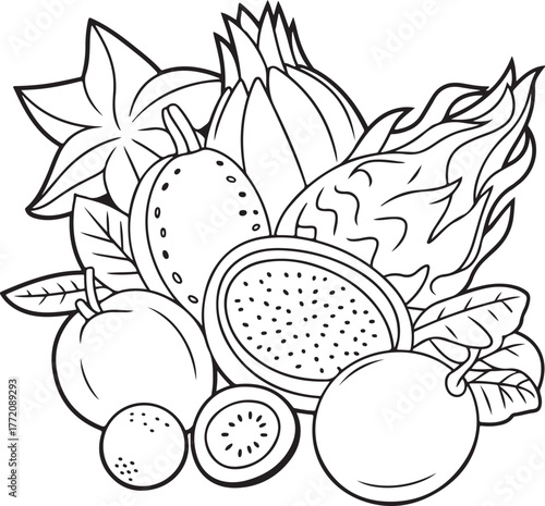 Exotic fruit medley line art fresh tropical assortment natural healthy food design isolated on transparent background