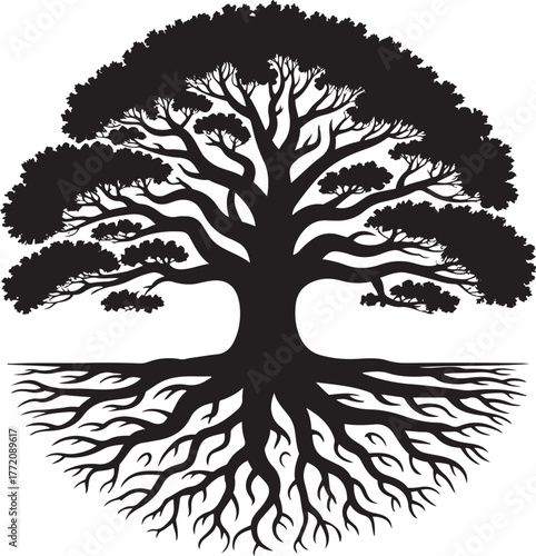 Majestic silhouette tree of life with intricate roots symbolizing growth and connection isolated on transparent background