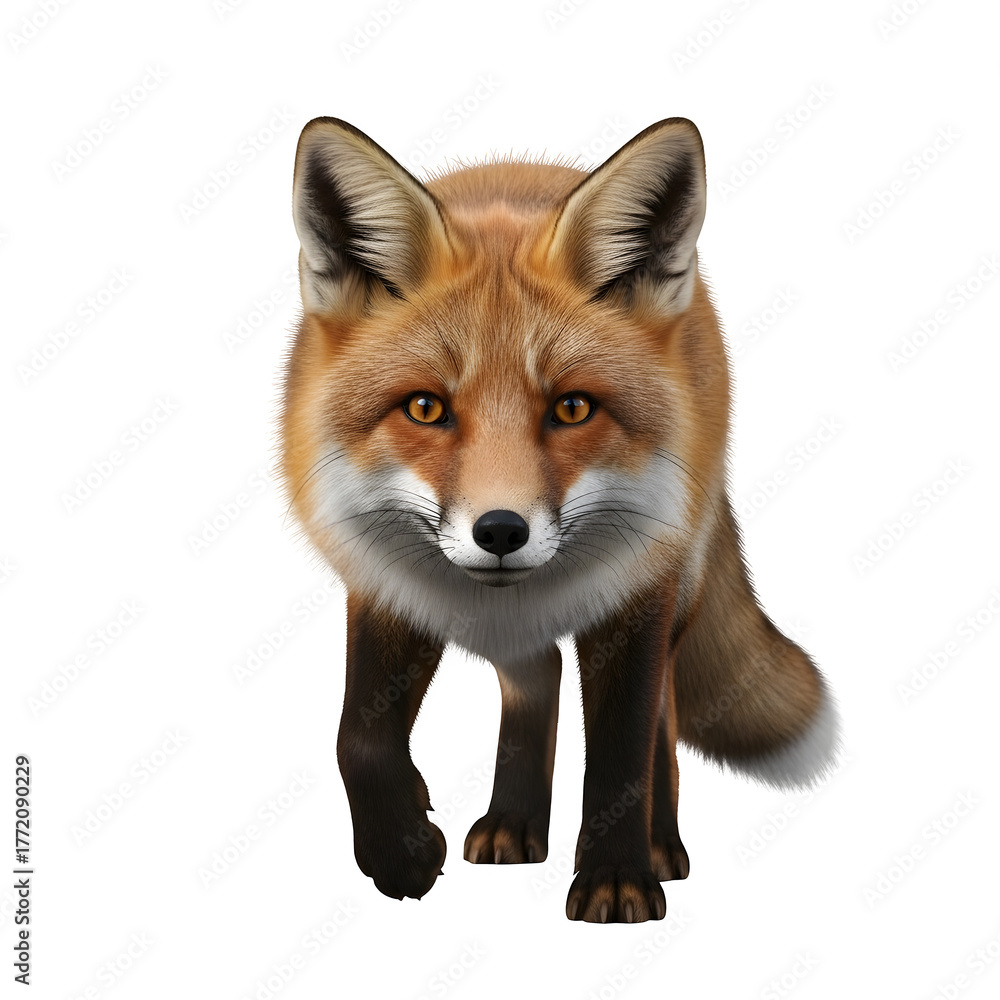Fototapeta premium A realistic 4K image of a sharp-eyed fox ready to pounce on its prey, showing full body detail and natural wilderness atmosphere.