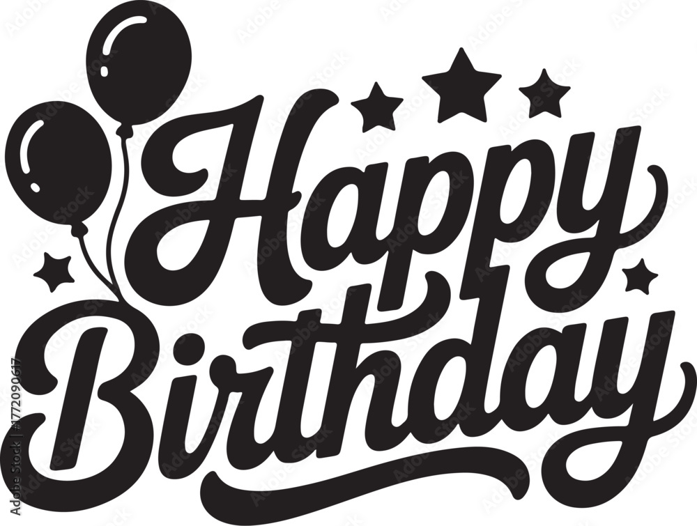 Fototapeta premium Happy birthday text design with balloons stars festive celebration typography isolated on transparent background