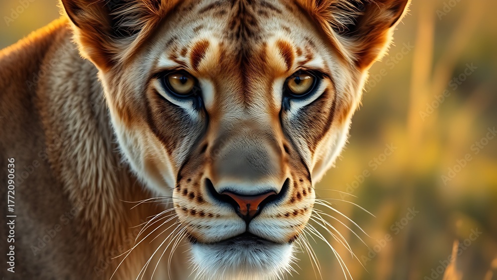 Fototapeta premium Lioness with a focused gaze, bathed in golden savanna light, showcasing natural beauty and strength.