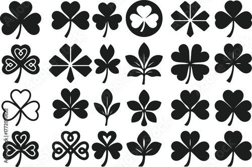 illustration featuring 16 solid black shamrock and clover icons in various shapes and patterns. Includes three-leaf clover, four-leaf luck symbol, circular shamrock, geometric leaf, Irish pattern, sty