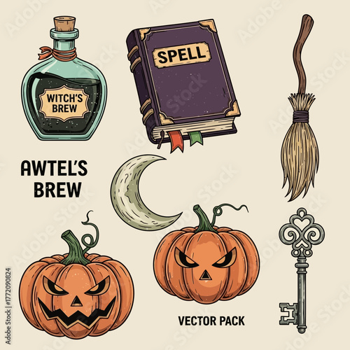Halloween Pixel Art Collection With Potion Spellbook Pumpkins Broom And Crescent Moon