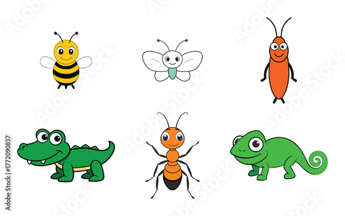 Collection of cute cartoon insects and reptiles