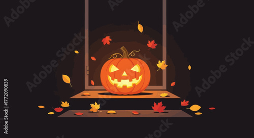 Pixel Art Halloween Pumpkin Glowing In The Dark With Autumn Leaves Falling On A Window Sill