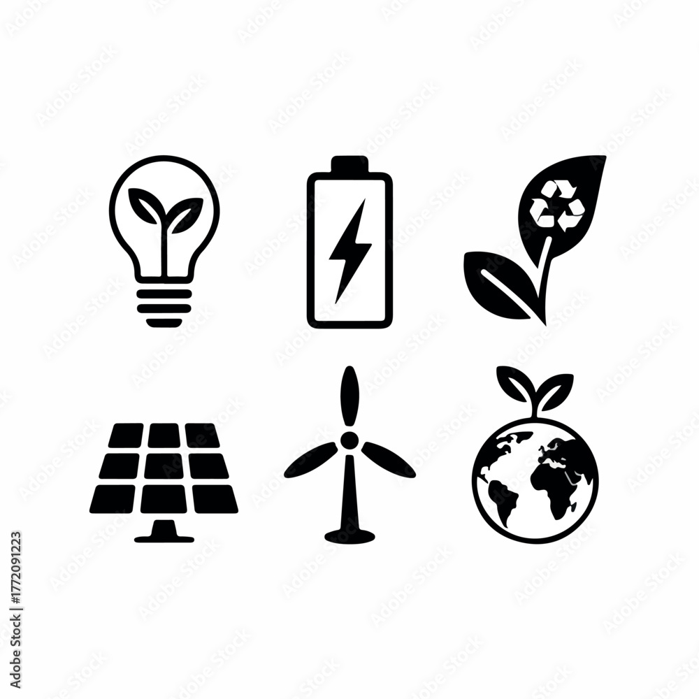 Fototapeta premium Eco-friendly icon set featuring renewable energy and sustainability concepts