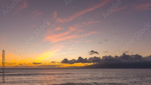 Timelapse of Sunset over the ocean with clouds and distant island.