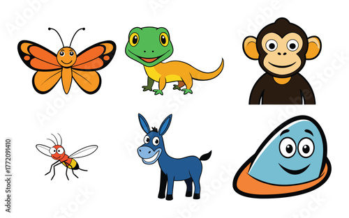 Collection of six cartoon animal illustrations including a butterfly, lizard, monkey, mosquito, donkey, and a blue alien