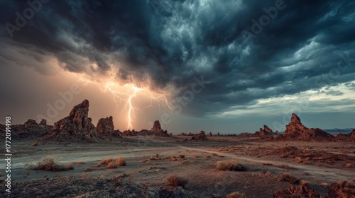 Dramatic lightning storm over desert landscape