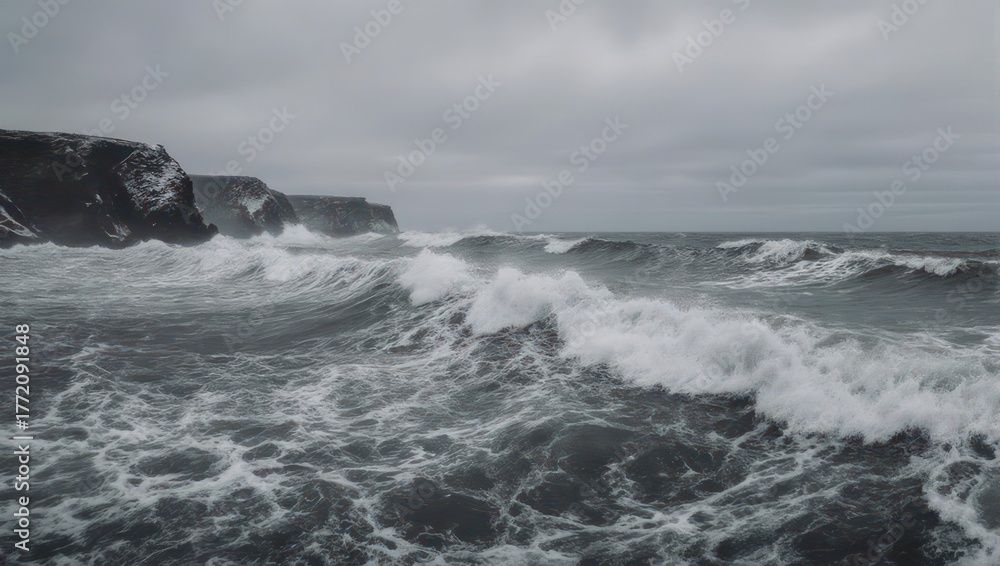Fototapeta premium Dramatic monochrome seascape of ocean waves crashing against rocky cliffs under a cloudy sky