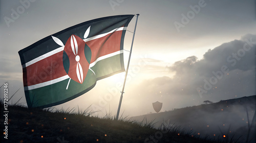 Kenyan flag waving in the wind on a hill at sunset landscape