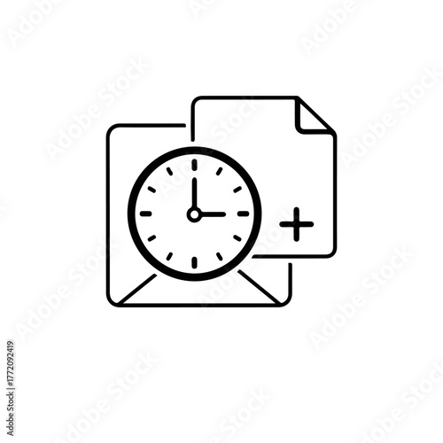 Vector clock icon with paper and plus sign, representing time management, task completion, or adding new items
