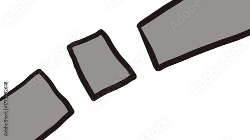 Between two grey geometric rectangles or rocks hangs a square stone.