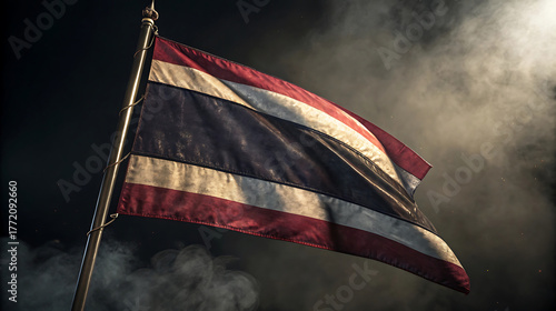 Flag of thailand waving in the wind against a dark background