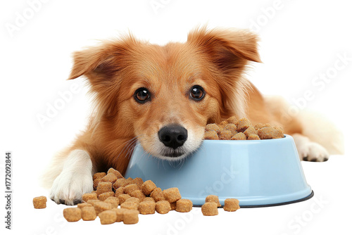 Dog rests head on food bowl