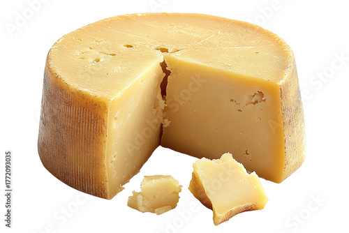 Cheese wheel with slice removed; crumbly texture visible