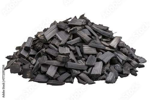 Mound of black, splintered wood; irregular dark fragments