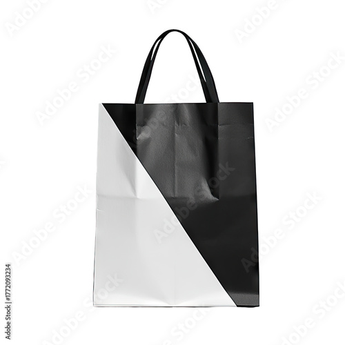 Black, white bag, diagonally split, handle above
