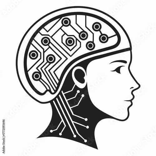 Black and white human head with circuit board brain