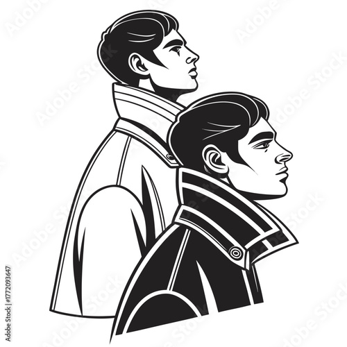 Black and white graphic of two men in profile wearing layered collars