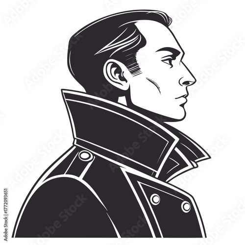 Black and white graphic of man in trench coat collar