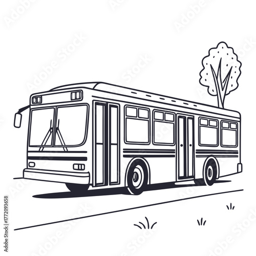 Black and white illustration of a city bus on a road with a tree