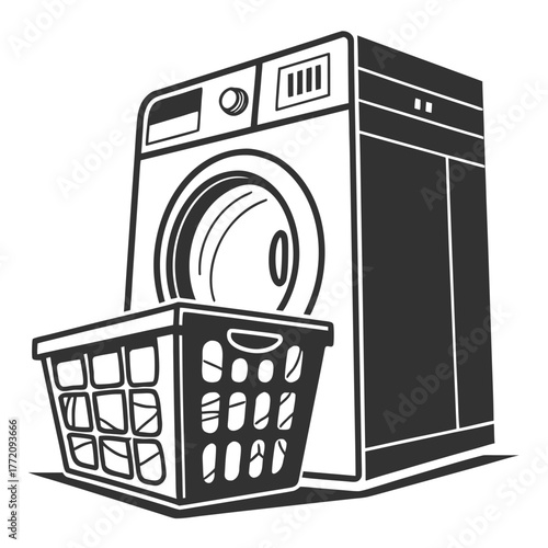 Black and white illustration of a front load washing machine and laundry basket