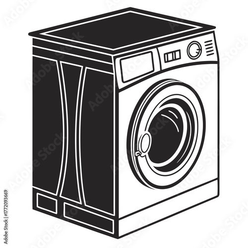 Black and white illustration of a front loading washing machine