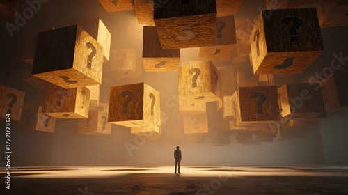 Solitary figure contemplates numerous floating wooden boxes marked with question symbols within a dimly lit space