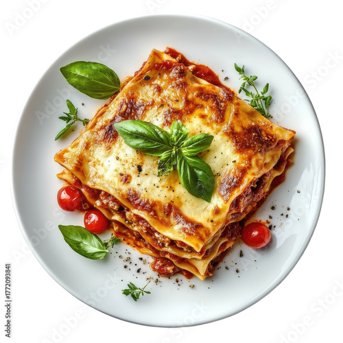 Stacked lasagna, topped with basil, tomatoes on white plate