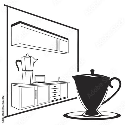 Black fill tea cup silhouette kitchen counter moka pot